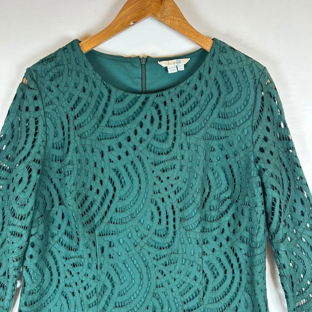 Boden Lace Overlay Long Sleeve‎ Top Green US 10 UK 14 Sheath Back Zip